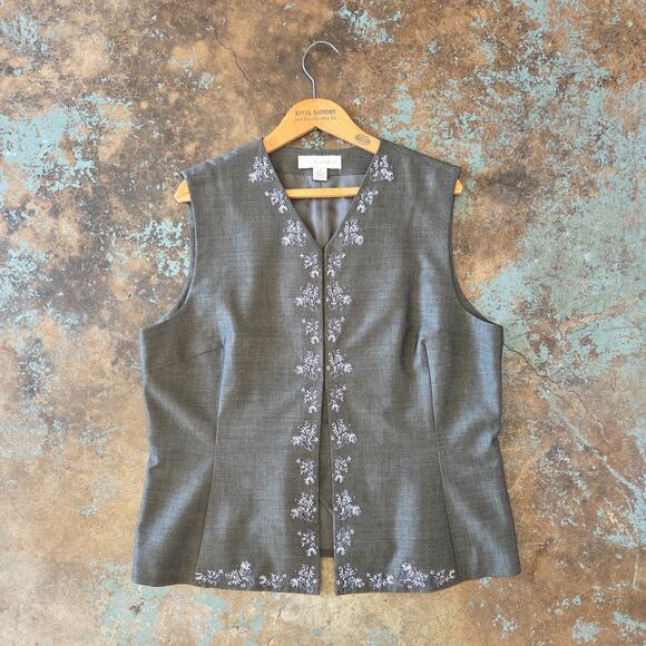 Vintage 90s Menswear Style Embroidered Vest Size 16 Gray Hooks Whimsygoth Career - Picture 1 of 9